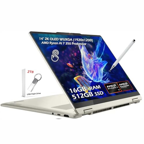 Lenovo Yoga 7 2-in-1 Copilot+ AI PC Laptop, 14 2K OLED Touch (100% DCI-P3), AMD Ryzen AI 7 350 Processor, 16GB LPDDR5 512GB SSD, Wi-Fi7 Backlit KB Win11, Seashell, w/2TB USB Drive & Pen, W/GaLiMu