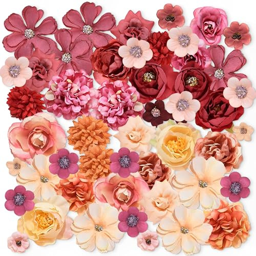 YiiHHooN Mini Cabezas Florales Artificiales, 50 Piezas de Flores Artificiales Rojo Naranja para Manualidades, Pequeñas Flores de Seda para Decoración Primaveral Interior DIY Cumpleaños Boda Fiesta