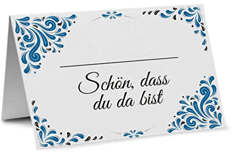 Partycards Tischkarten Geburtstag und Tischkarten Hochzeit, 50 Stück Format DIN A7, Namensschilder mit Ornamenten in Blau, bereits genutet, ideal für Kommunion und Konfirmation Platzkarten Geburtstag