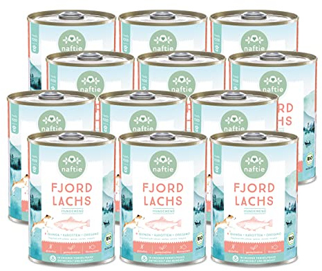 naftie Bio Fjord Lachs Hundefutter Nassfutter glutenfrei - 12x 400g | Friendly Food für Hunde, Menü mit Lachs & Quinoa, regional, purinarm