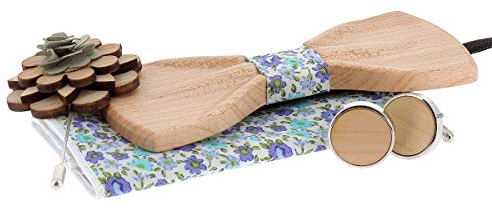 SHIPITNOW Helles Hölzfliege und Manschettenknöpfe Herren Holz - Einstecktuch Blumen Blau - Wird in einer Geschenkbox aus Holz verkauft