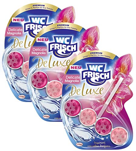 WC FRISCH DeLuxe Delicate Magnolia (3x50 g), WC Reiniger mit zartem Magnolienduft, Duftsteine mit Parfümperlen für einen Parfüm-Boost bei jeder Spülung