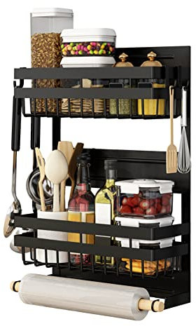 Redwestmelon Magnetic Fridge Spice Rack 3 Tier Kitchen Condiment Seasoning Storage Organizer Shelf, Refrigerator Side Rack with Paper Towel Holder and 4 Removable Mobile Hooks