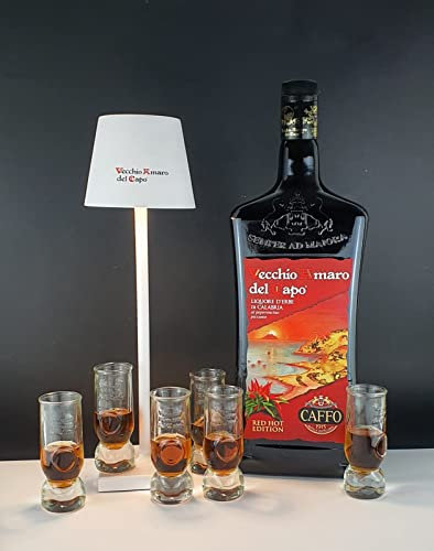 VECCHIO AMARO DEL CAPO RED HOT 3 LITRI + N° 6 BICCHIERI FREEZER DEL CAPO + LAMPADA DA TAVOLO LED VECCHIO AMARO DEL CAPO