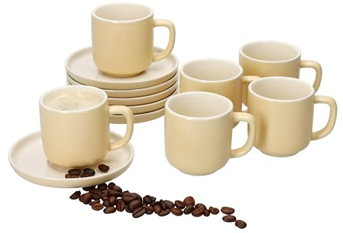 Ritzenhoff & Breker 6er Set Jasper Espressotassen mit Untertassen Vanille I für 6 Personen I Steingut-Set für Frühstück & Kaffee I Je 6X kleine Tassen 70ml & Untertassen I Geschirr für Zuhause