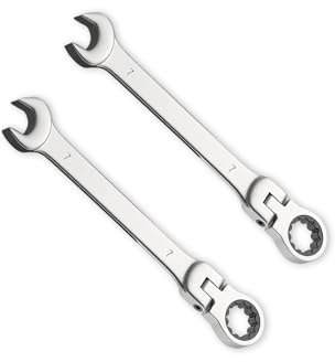 Leliafleury 2 llaves de trinquete de 7 mm con cabeza flexible, llave combinada, llave métrica de acero cromo vanadio pulido CR-V, 72 dientes, caja y anillo de extremo abierto, herramienta de llave de