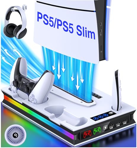 ALEEMTRY PS5 Standfuß für PS5 Slim/PS5 Pro/PS5 Konsole mit LED Licht, PS5 Pro Standfuß mit 3-Stufig Lüfter/2 PS5 Controller Ladestation/4 Typ-C-Adapter/1 Haken, Vertikaler PS5 Ständer