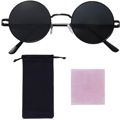 KRYMSON 1 Stück Sonnenbrille, 1 Stück Brillentasche und 1 Stück Brillentuch, Karnevalsbrille, runde Sonnenbrille, Steampunk-Brille, schwarze Brille, geeignet für Männer und Frauen