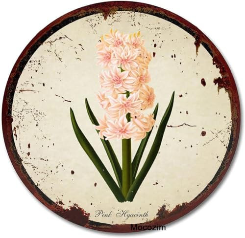 kisoyo Rundes Metall-Blechschild Hyazinthe Pink Floral Art Wall Decor Vintage Flower Botanical Print Floral Antique Art Home Bedroom Kitchen Salon Decorative Wall Sign 30,5 x 30,5 cm