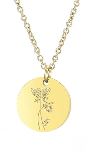 Halsketten Edelstahl für Frauen, Halskette Damen Anhänger Rund mit Blume Kabel Kette Gold Schmuck Jahrestag Geschenk für Sie