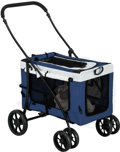 PawHut 2 in 1 Hundewagen Hundebuggy klappbar für Hunde & Katzen bis 10 kg Katzenbuggy mit Kissen Netzfenstern Türen Aufbewahrungskorb Katzenwagen Buggy Blau