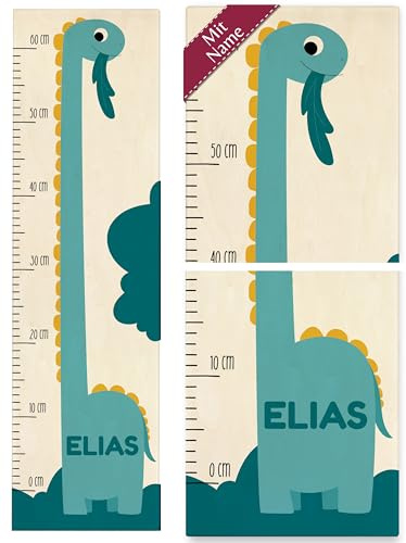 Messlatte Kind Holz - Dinosaurier - Kindermesslatte Dino mit Name Jungen I - 0-60 cm - Holz - wachstumstabelle holzlatte bunt für kinder grössenmass messstange baby wand dino-kindermesslatte