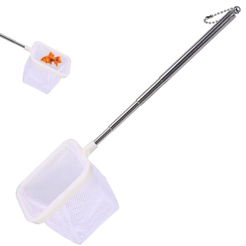 EASONGEE Small Fishing Net, Stainless Steel Handle Aquarium Shrimp Net, Telescopic Long Handle Fishing Net, Tiny Fish Tank Net Square Fish Landing Net Shrimp Skimming Net for Fish Tanks & Small Ponds