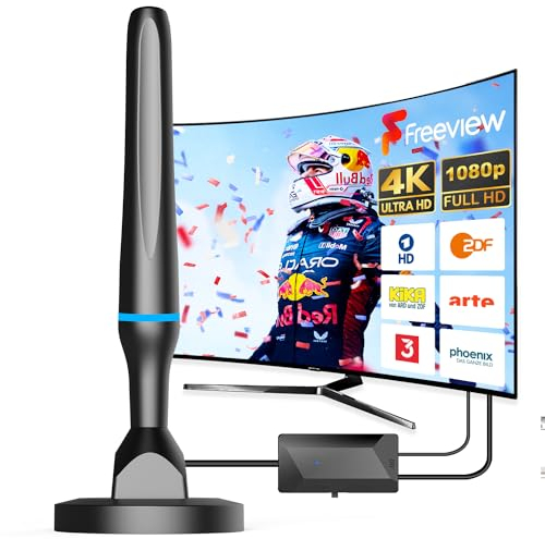 DVBT2-antenn, rumsantenn DVB-T & DVB-T2-antenner med förstärkare, stor räckvidd och 360° mottagning, inomhusantenn för TV med stark magnetisk bas, lämplig för 4K 1080p och alla TV-apparater
