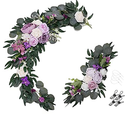 ZHDOKA Hochzeitsbogen-Blumen, 2 Stück Künstliche Rosenbogen-Blumengirlanden mit Eukalyptusblättern, Dekorative Künstliche Pfingstrosen-Blumengirlanden für Haustür, Wand, Fenster, Haus,(Lila)