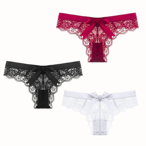 ROSVAJFY Women’s Sexy Lace Panties Bowknot Thongs Ladies Underwear Cheeky Tanga Low Rise Floral Lace Knicker See Through Hipster Bikini Briefs G-String