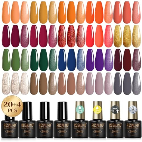 ROSALIND UV Nagellack Set, 24 Stück Gel Nagellack Orange Rot Gold Farbgel Gelnägel,Soak-Off Mini Grün Blau Lila Braun Grau Herbst Winterfarben Gel Nail Polish Geschenk