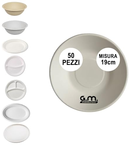 G.M. DISTRIBUZIONE 50 Piatti Fondo/Ciotola Bianchi in Polpa di Cellulosa 19cm, Ideale per Cibi Caldi e Freddi, Piatti Imperameabili Usa e Getta Adatti al Microonde, Biodegradabili e Compostabili