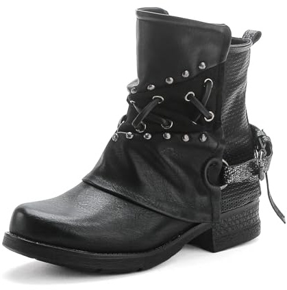Pogolino Damen Stiefeletten Nieten Biker Boots mit Reißverschluß flach bequem Stiefel ST016
