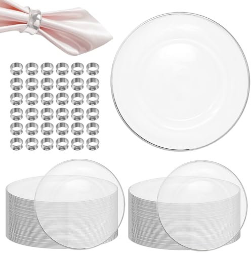 WedDecor 33cm Clear Charger Plates with Silver Trim Design & Hammered Design-Beaded Edge Napkin Rings Holders, Acrylic Round Dinner Plate And Napkin Rings Dinner Set for Table Decor, Set of 100
