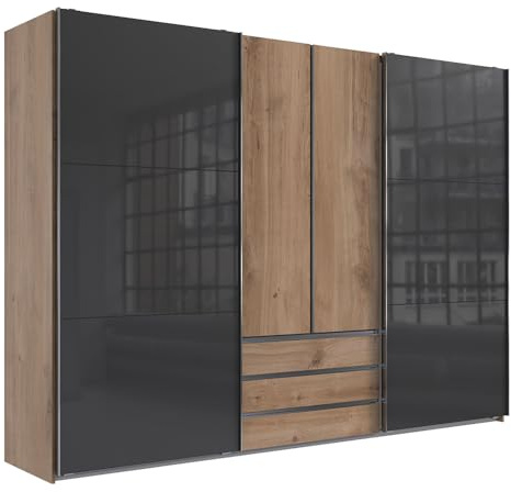 Lomadox Kleiderschrank Schwebetüren Drehtüren Schwebetürenschrank Eiche mit Glasfront grau 3 Schubladen 300x216x65 cm