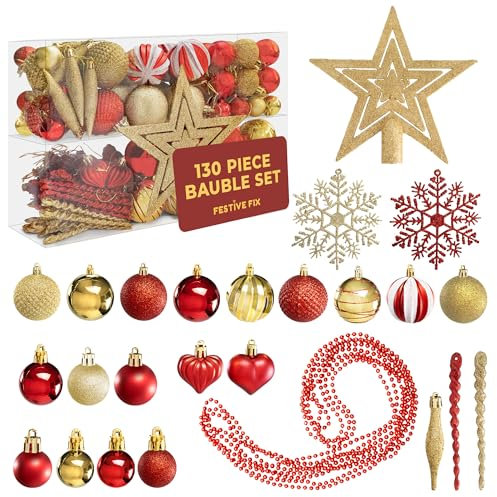 Festive Fix 130-Piece Christmas Tree Decorations Set – Red & Gold Baubles, Snowflakes & Tree Topper – Shatterproof Ornaments for Xmas Décor, Glitter & Matte Finishes, Luxury Holiday Bauble Set