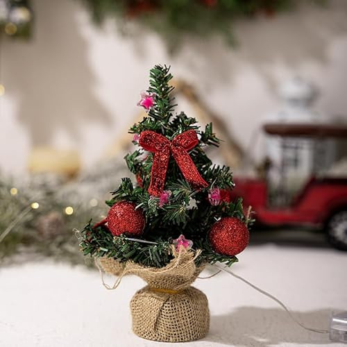 Youning Mini Weihnachtsbaum 20cm Kleiner Weihnachtsbaum mit Beleuchtung LED Tisch Weihnachtsbaum Klein Künstlich Geschmückt für Weihnachtsdeko Mini Tannenbaum mit Led Lichterkette (1PC Rot)