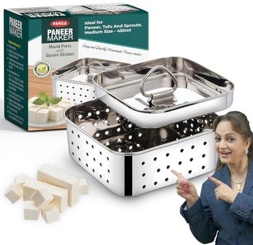 PANCA Stainless Steel Paneer Maker Mould Medium Size, Paneer Press With Lid, Tofu Press Mould Maker, Whey Seperator (Square, 450ml Capacity)