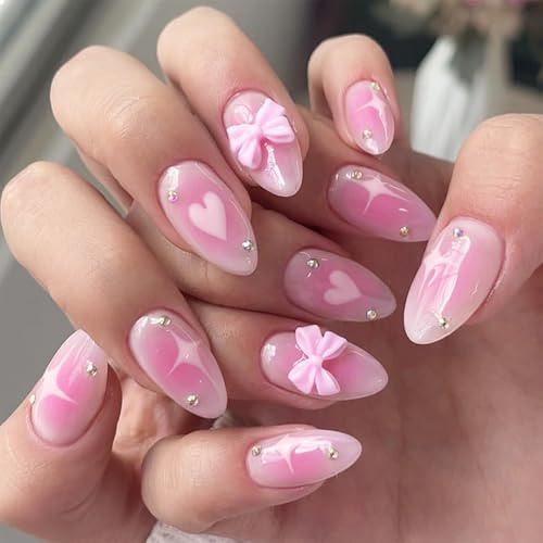 GlamRays Mandel Press on Nails Mittel Falsche Nägel Pink Ombré Falsche Nägel Mit Herz Stern Design Klebernagel 3D Schleife Vollumfängliche Aufnageln Glänzend Akrylnägel 24 Stück