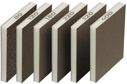 STEBRUAM 6 Spugne Abrasive Grana 80/120/180/220/320/400 - Set Multigrana per Legno, Metallo e Pareti - Spugne Lavabili e Riutilizzabili - Carta Abrasiva Professionale