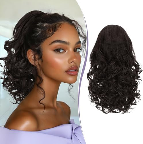 RUWISS Coda Capelli Extension con Coulisse - Ondulati Ricci Coda Cavallo Extension 33 cm Corto Sintetici Coda Finta Capelli Posticci per Donne (Marrone)