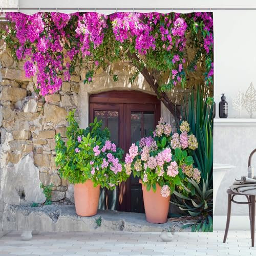 OCEUMACO Garden Shower Curtain Outdoor for Wet Room Outside Fence Extra Wide Fabric 3D Italy Pink Flower Wall Picture Scene Bathroom Bath Curtains 240 x 200 cm Anti Mould Waterproof with Hooks