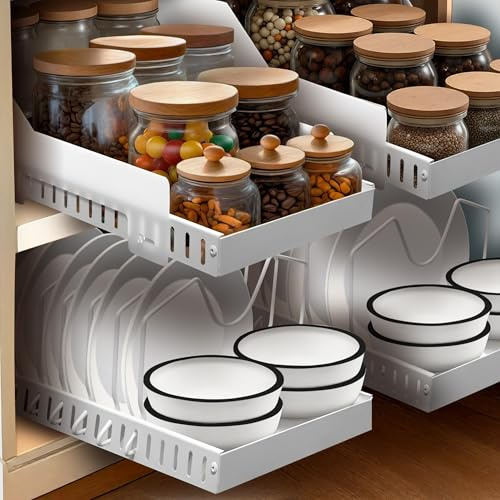 Simply Maison - LOT DE 2 Tiroirs coulissants cuisine adhesif - Profondeur XL 52cm - Spécial caisson 60cm -100% Gain de place - Antichute - Range couvercle poele - Sans perçage
