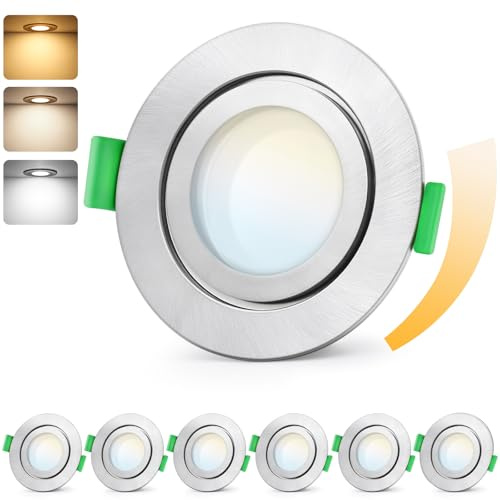 GeyouLux LED Einbaustrahler 230V Dimmbar, 5W IP65 3CCT Deckenspots | Einbauleuchten 65-75mm EinbauØ, 2700K/4000K/6000K Ultra Flach Einbauspots, Spots für Badezimmer 6er Set Nickel