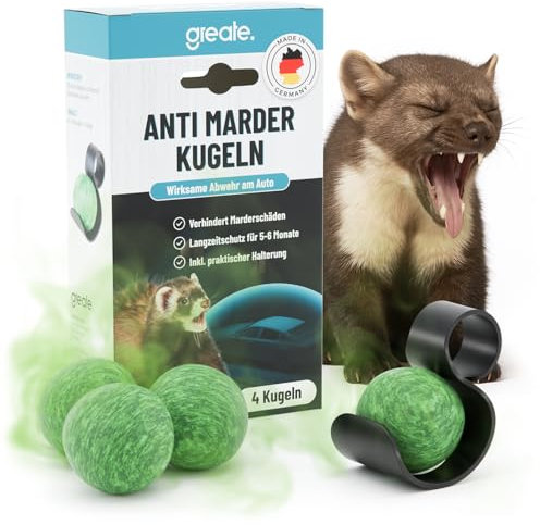 greate 4X Marderschreck Duft Kugeln inkl. Halterung - Sofortige & langfristige Marderabwehr Auto - Made in Germany - Marderschreck Auto, Marderschutz für Auto, Anti Marder Auto, Maderschutz