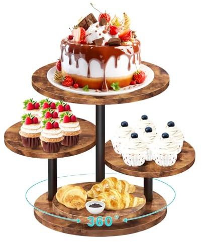 BONJUME 4 Etagen Etagere Holz, Kuchen und Cupcake Ständer mit Gestuftem Tablett 360° Drehbar Etagere für Heimdekorationen Desserts Donuts Kekse Hochzeit Geburtstag Mottoparty Tortenständer Dekoration