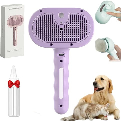 Fellmoment Bürste, Fellmoment 3-in-1 Dampf-Haustierbürste, Katzenbürste Mit Dampf,Selbstreinigende Hunde Spraybürste Zum Haaren,Sanfter,Hygienischer Für Hunde Und Katzen (Lila–mit blauem Lichtspray)