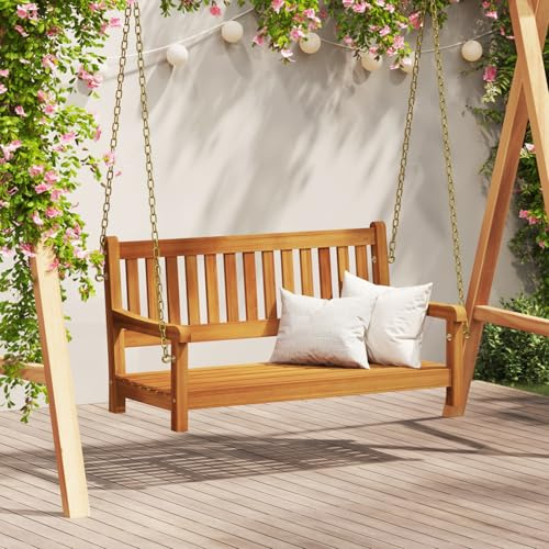 IBUQDDV Garten-Schaukelbank 2-Sitzer aus Massivholz Akazie 110x56x58 cm mit Rückenlehne, wetterfeste Teakholz Bank für Balkon und Terrasse, komfortable Sitzgelegenheit