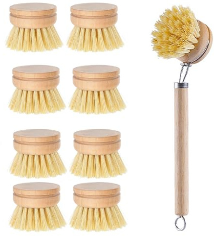 Wooden Dish Brush Set with 1 Handle & 8 Replacement Heads, Bamboo Washing Up Brush with Interchangeable Natural Scrubber Heads, Plastic-Free Eco Friendly Kitchen Cleaning