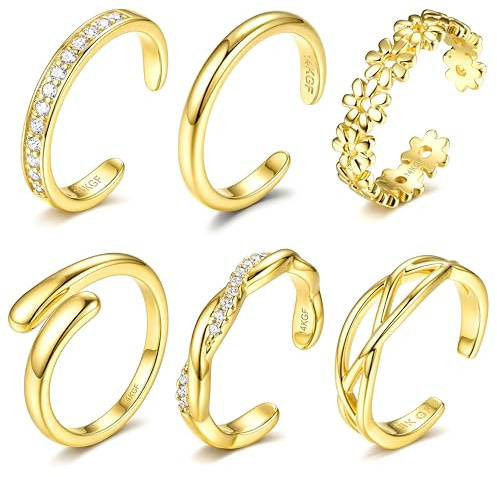 ADRAMARA 6 Pezzi Anelli da Piede Donna Set, Anelli per Dita dei Piedi Argentati, Anello Aperti Regolabili con Zirconi CZ, Gioielli da Piede per Estate Spiaggia