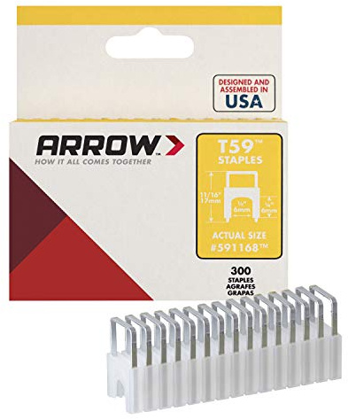 Arrow 591168 Genuine T59 Steel 1/4-Inch by 1/4 Crown Width Insulated Staples for Cable and Wiring, Clear, 300 Count