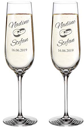 AMAVEL Set 2 Calici da Spumante con Incisione Fedi Nuziali Personalizzati con Nomi e Data Bicchieri in Vetro Flute Champagne Decorazioni Casa Idee Regalo Nozze Anniversario Coppia