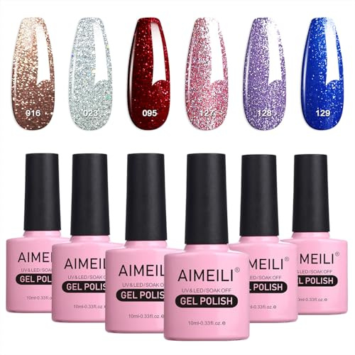 AIMEILI UV LED Gellack mehrfarbig ablösbarer Gel Nagellack Glitzer Set Gel Nail Polish Kit - 6 x 10ml - Set Nummer 29