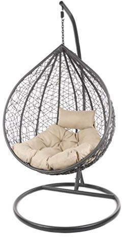 KIDEO Komplettset: großer Hängesessel mit Gestell & Kissen, Korbsessel, Poly-Rattan (Korb & Gestell: grau, Kissen: Hellbraun Chester-Stepp (7007_capucchino))