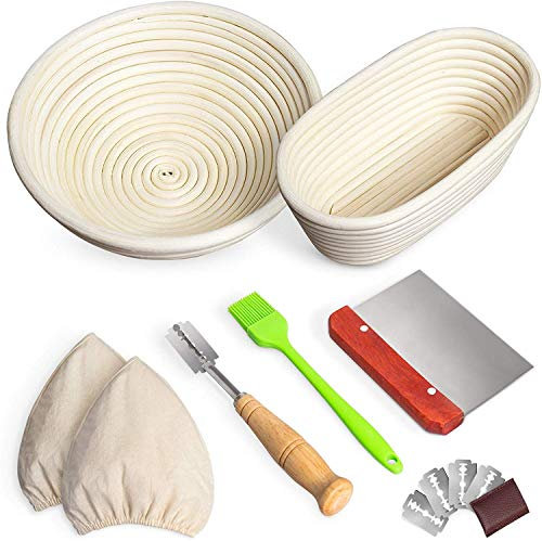 Set di 2 Cestino per Il Pane Rotondo 22cm e Cestino lievitazione pane ovale 25cm, 4 Utensili da Forno-Rivestimento in Tessuto/Lama per Pane/Raschietto/Pennello per Olio