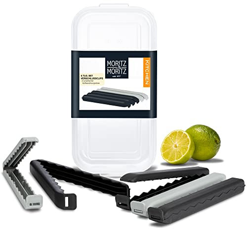 Moritz & Moritz 5X Verschlussclips groß 20 cm dunkel mit Aufbewahrungsbox – Gefrierbeutel Clips zur Lebensmittelaufbewahrung –Tütenclips XXL in Klarsichtbox