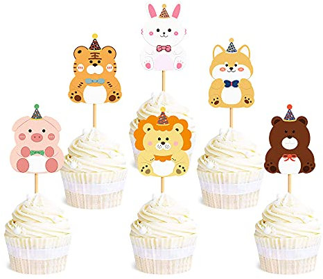 Blumomon Pack of 30 Cute Animals Cupcake Toppers Tiger Lion Bear Pig Dog Rabbit Cupcake Picks Animals Cake Decorations for Children's Birthday Party Baby Shower Party Decorations Accessories