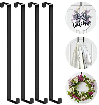 Booda Brand Türhaken, 35.6 cm, 4 Stück, verbesserter breiter Kleiderbügelhaken, passend für 3.5 cm und 4.8 cm Türbreiten, stabil zum Aufhängen von Kränzen, Hüten und Kleidung (schwarz)
