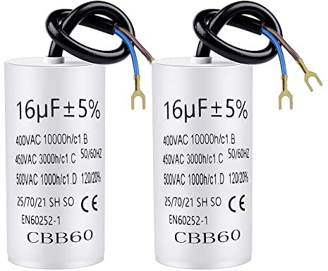 Lot de 2 condensateurs CBB60 16 µF 450 V 50/60 Hz avec câble de raccordement de 20 cm et cosses de câble Condensateur de démarrage 16 µF | 74 x 37 mm