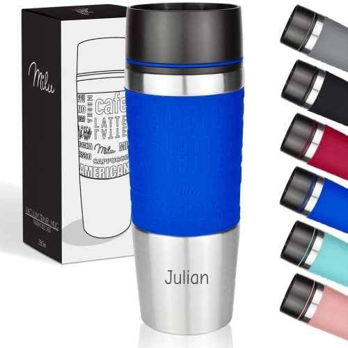 Milu Thermobecher mit Gravur 380ml Geschenkidee personalisiertes Geschenk Geburtstagsgeschenk Weihnachten für Männer Frauen Mama Papa Freundin (380ml, Blau)